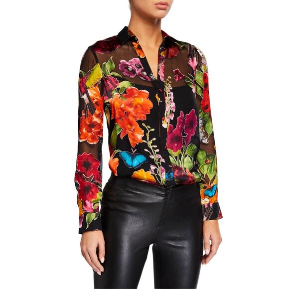 Alice + Olivia Tops - Alice + Olivia Women's Eloise Floral Silk Button Down Blouse Sheer L